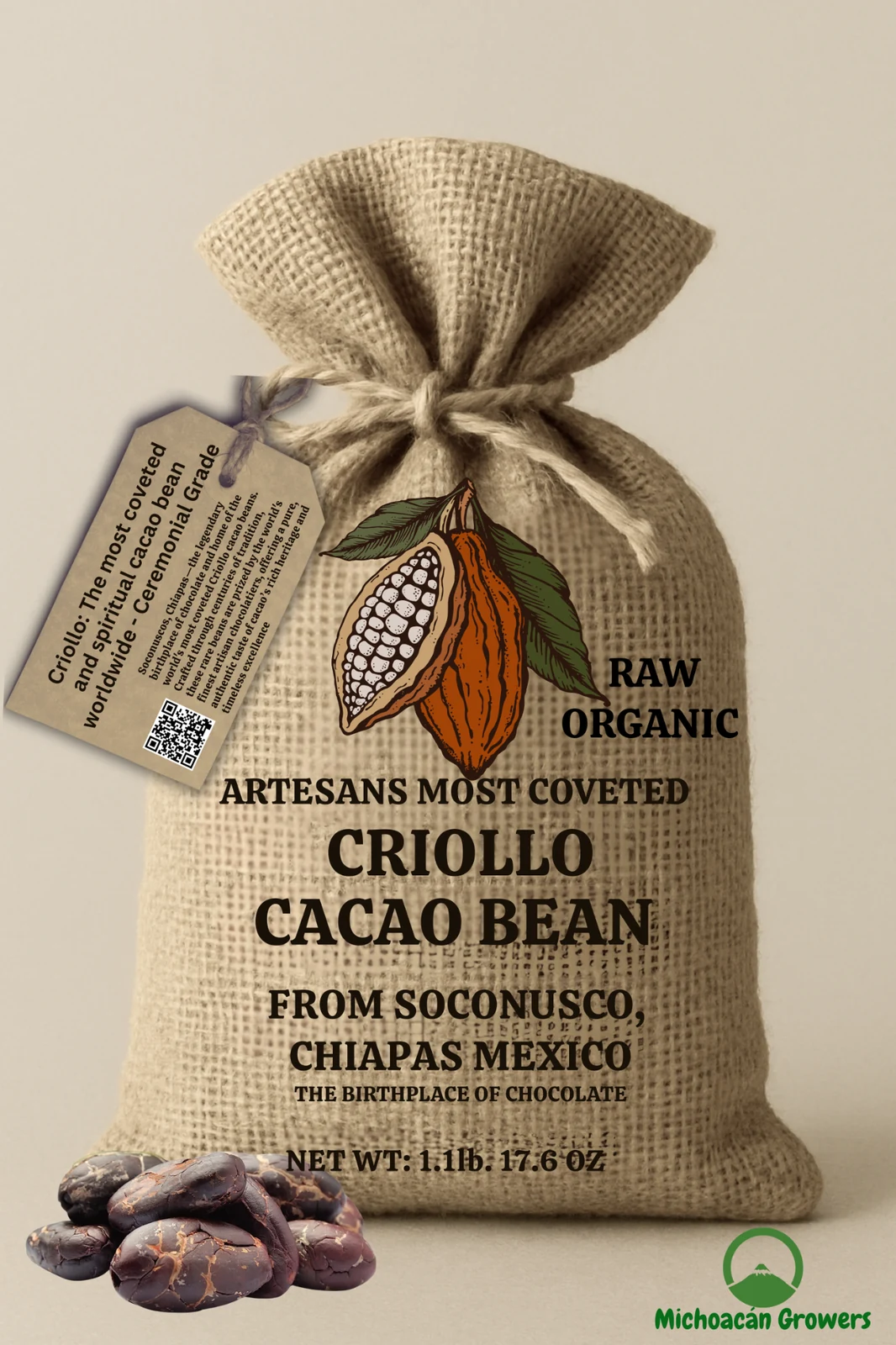 Paquete de granos de cacao Criollo Michoacán Growers de Soconusco, Chiapas